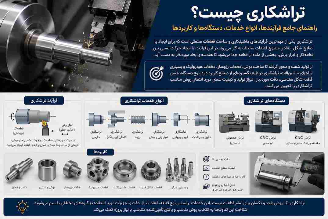 تراشکاری چیست؟ راهنمای جامع فرآیندها، انواع خدمات، دستگاه‌ها و کاربردها