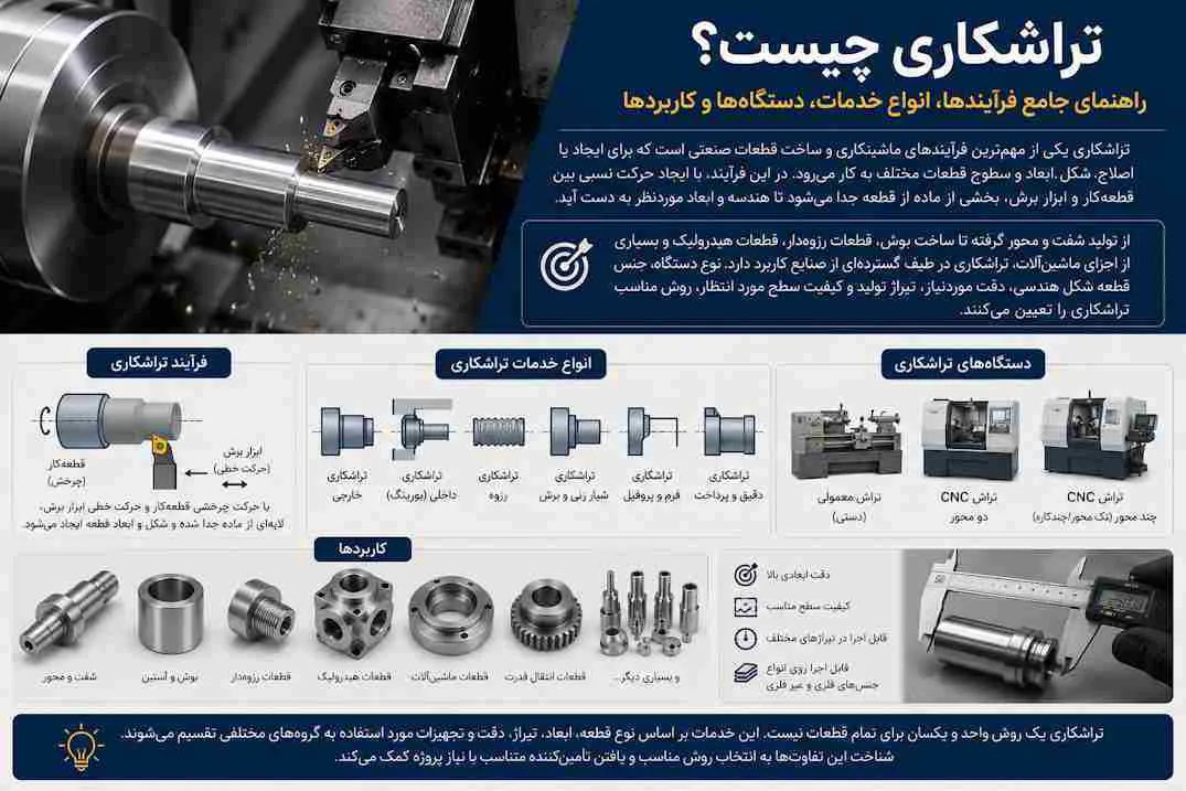 تراشکاری چیست؟ راهنمای جامع فرآیندها، انواع خدمات، دستگاه‌ها و کاربردها